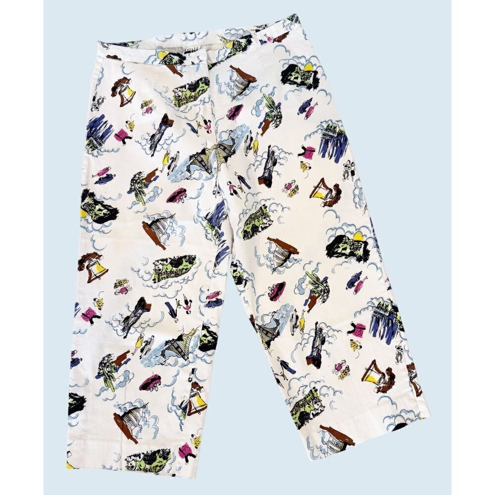 Vintage LESLIE FAY Americana Destination Hollywood Print Crop Pants Size 14